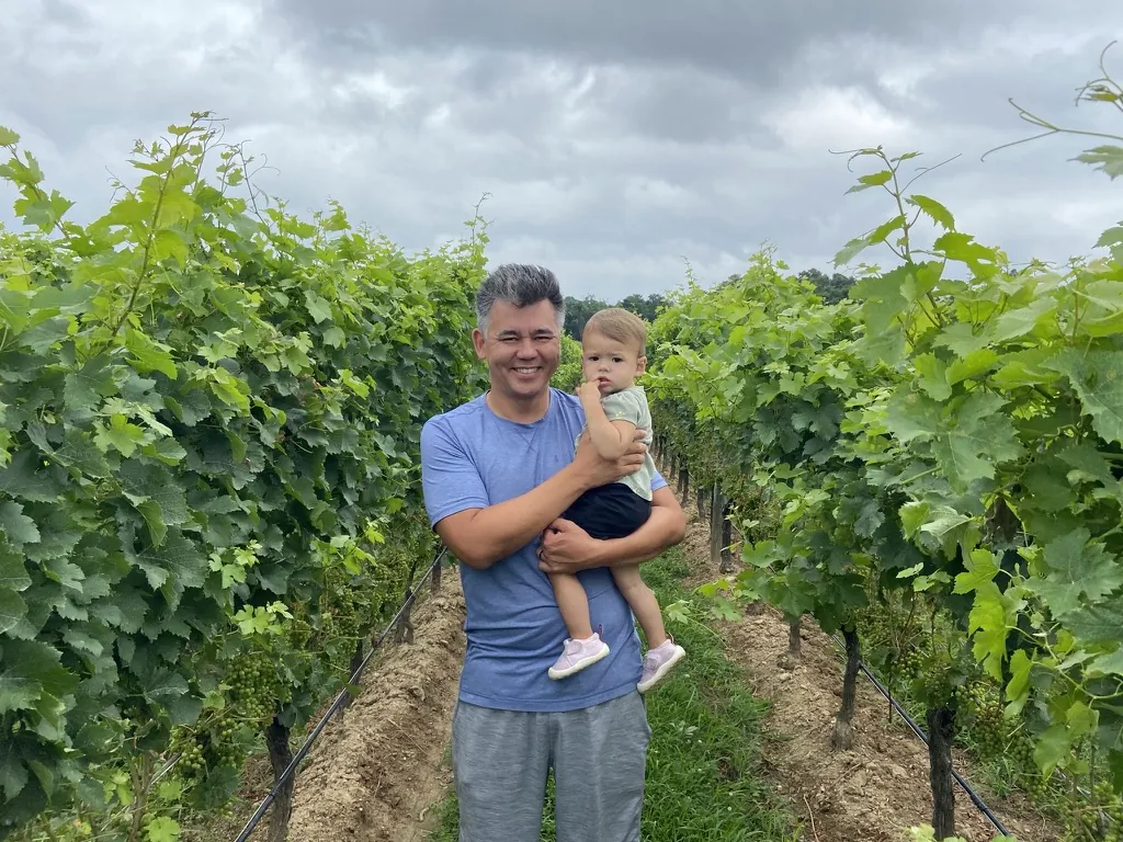 Andrew holding Zoe between rows of grapevines on Long Island