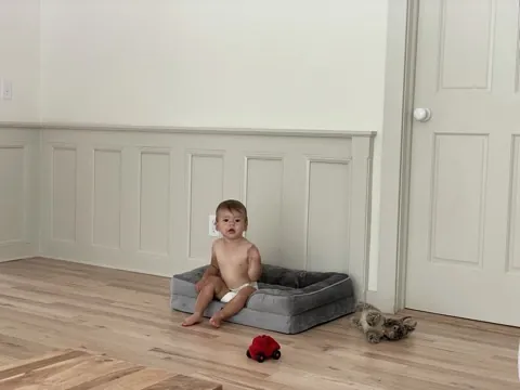 Zoe sitting in an empty room near a dog bed and toy car