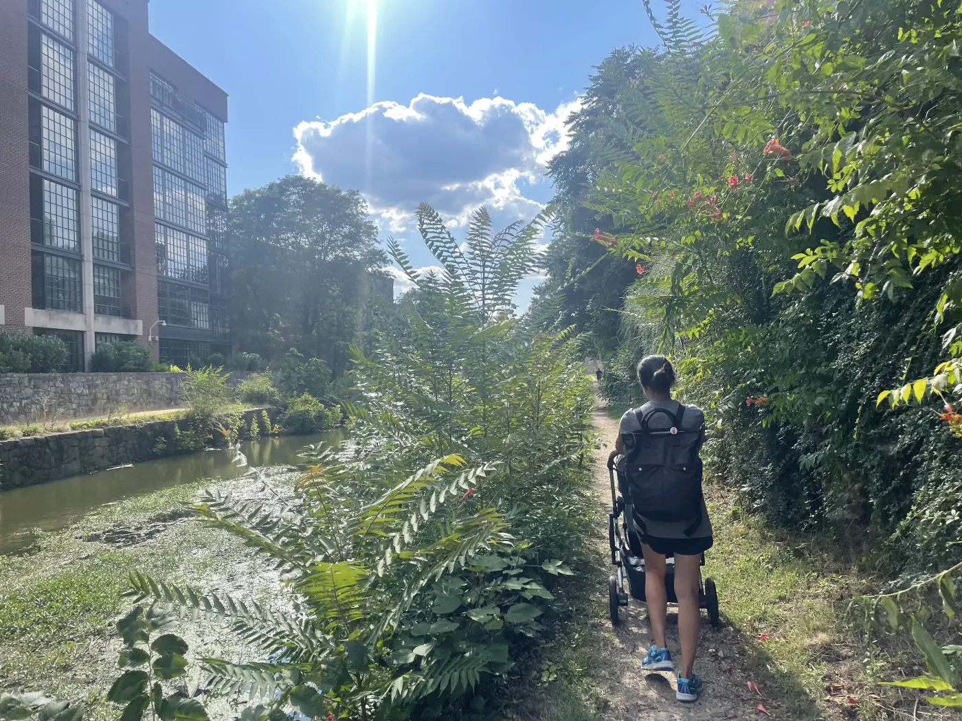 Marie pushing Zoe's stroller along the C and O Canal in Georgetown