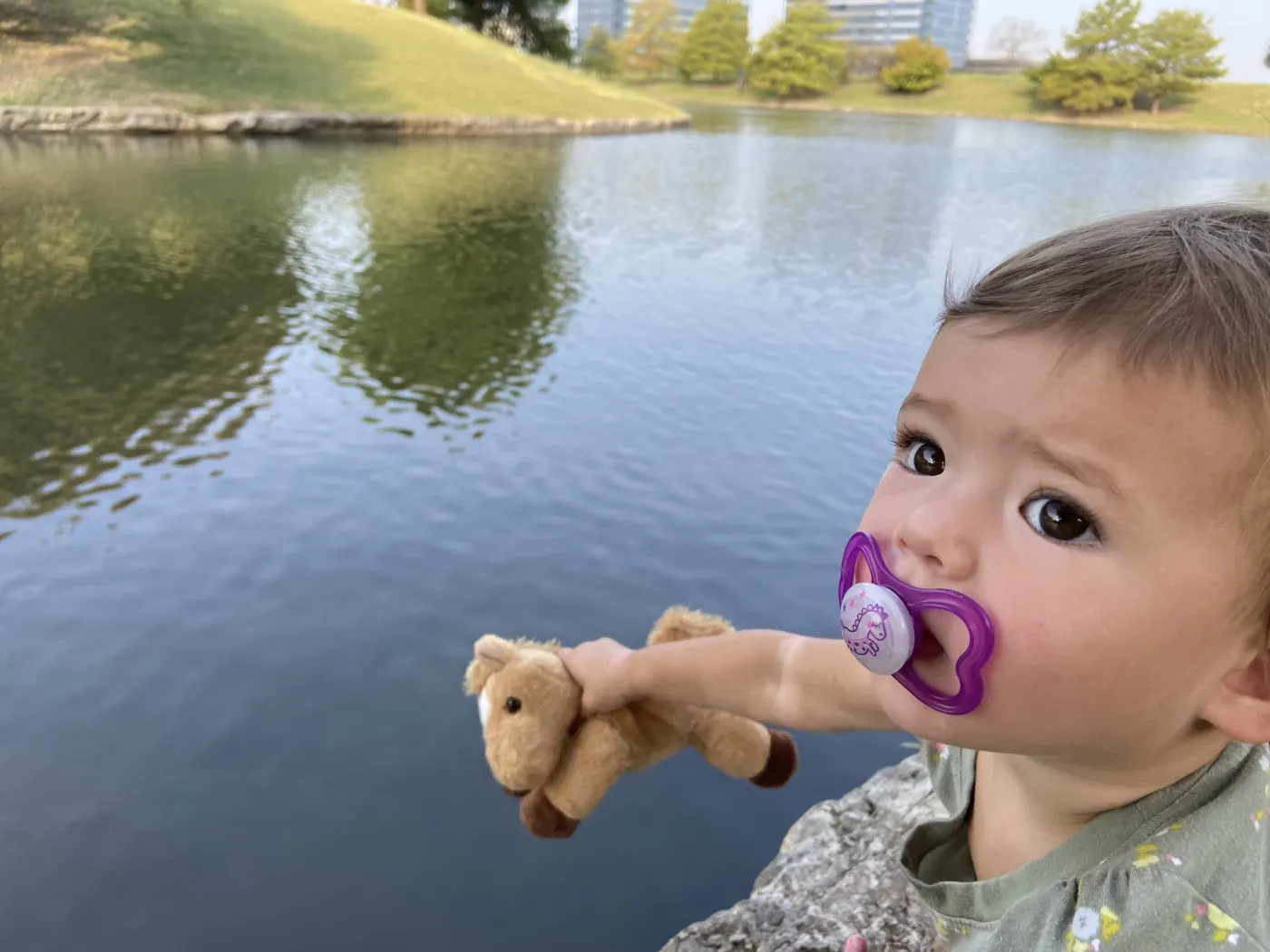 Zoe with her toy horse by a lake in Frisco, Texas