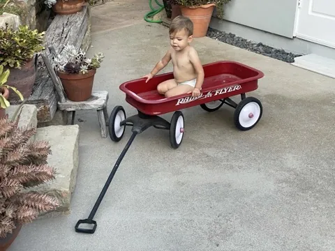 Zoe sitting in a red Radio Flyer wagon in a driveway