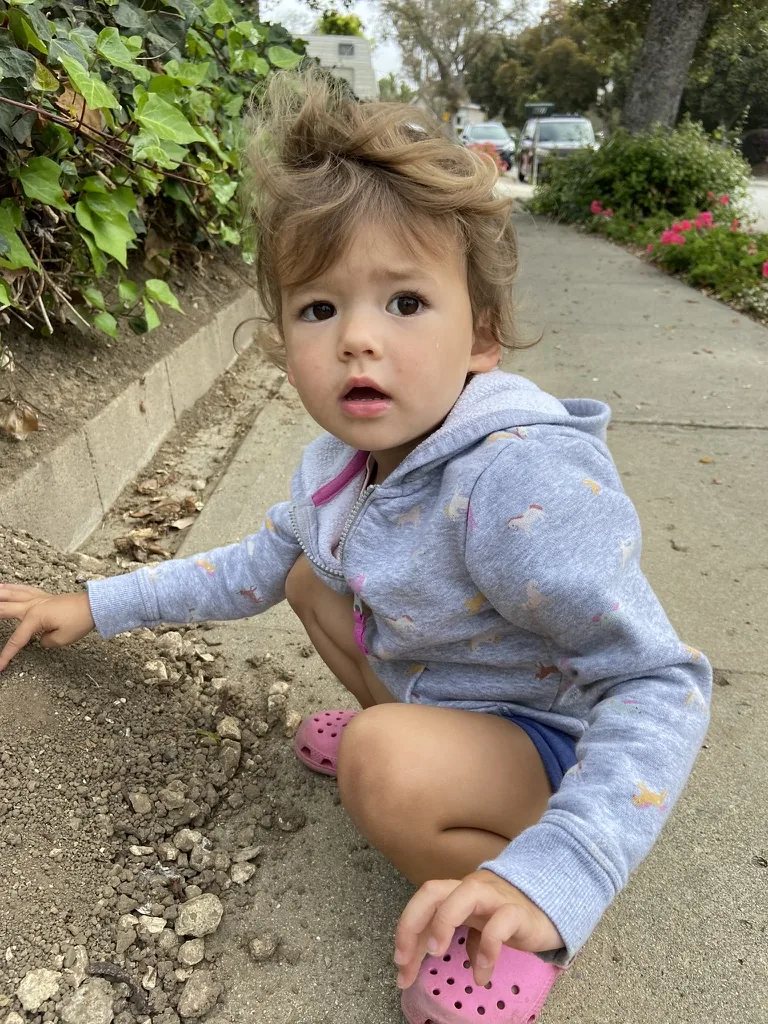 Zoe crouching by a sidewalk garden edge