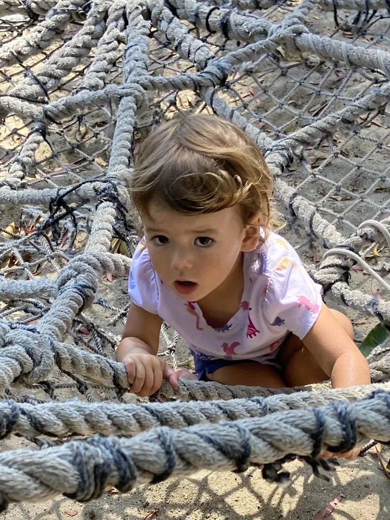 Zoe climbing through a rope net at a playground