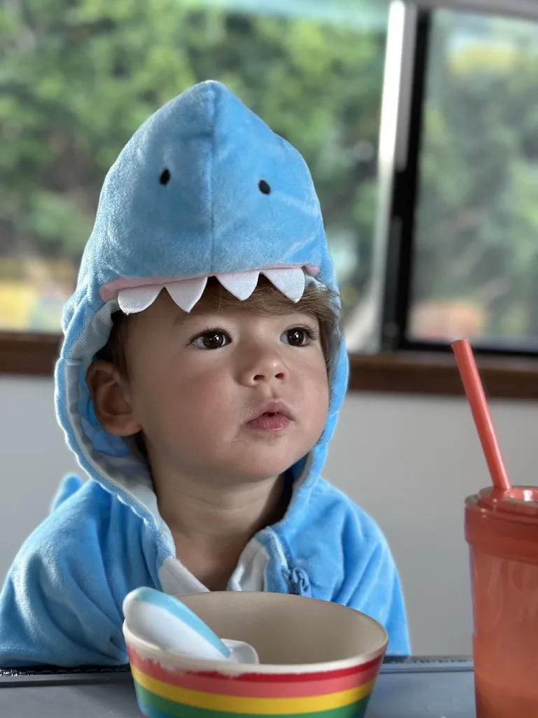 Zoe wearing a blue shark hoodie at a breakfast table
