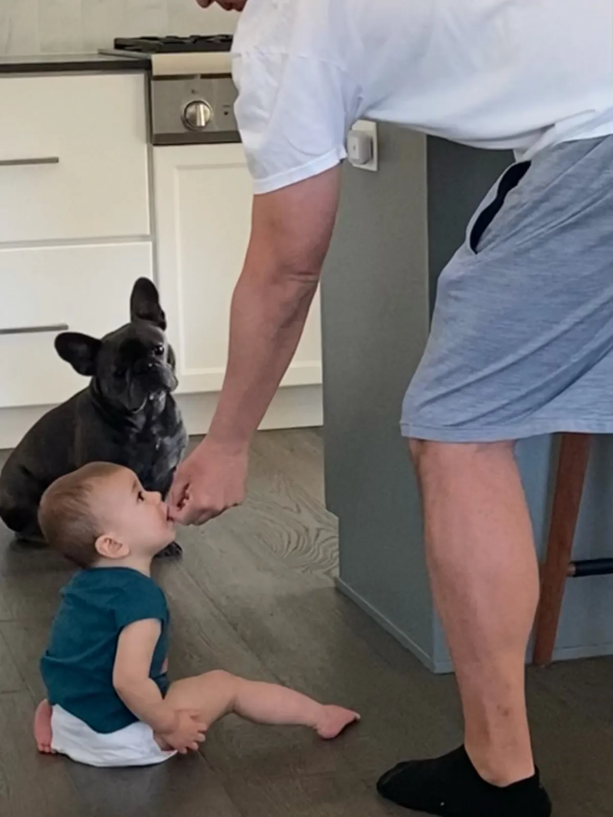 Andrew giving baby Zoe a snack while Francis watches from the kitchen floor